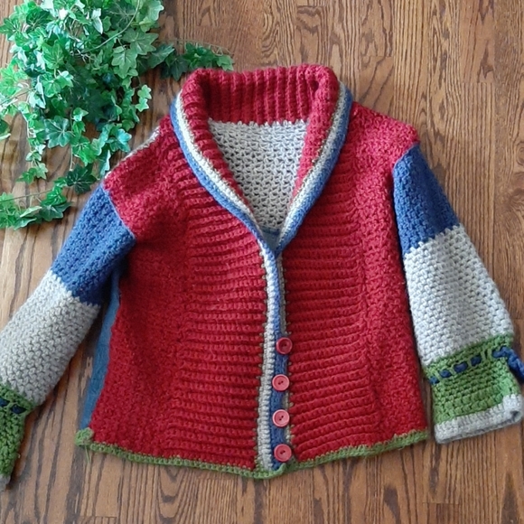 Vintage. Hand Made Sweaters - Vintage granny crochet cardi with denim